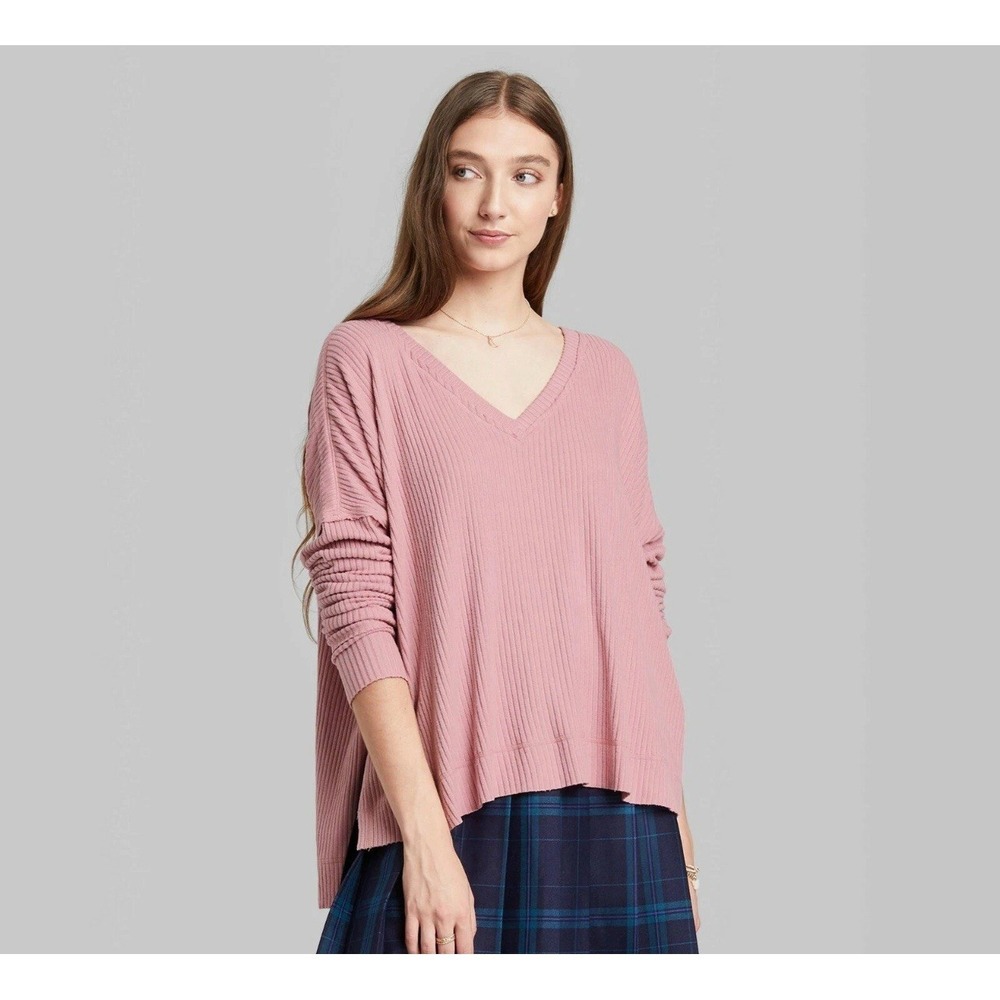 Wild Fable Women's Long Sleeve V Neck Cozy Rib Shirt, Pink Small